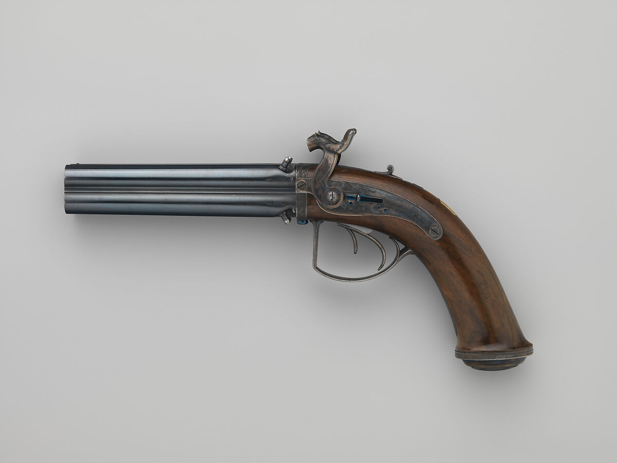 Pair of Four-Barreled Turnover Percussion Pistols of Henry Pelham Fiennes Pelham-Clinton, 4th Duke of Newcastle-under-Lyne (1785–1851), with Pair of Box-Lock Turn-Off Pocket Pistols, Case, and Accessories, James Purdey the Elder (British, London 1784–1863 Margate), Turnover pistols: steel, wood (walnut), gold, silver; pocket pistols: steel, wood (walnut); mallet: wood (walnut, rosewood, ebony), leather; ramrod: wood (ebony), brass; cleaning rod: wood (walnut), brass, steel; cleaning rod tip: brass; powder flask: copper, gold, brass, steel; bullet mold: steel; nipple wrench: wood (walnut), steel, brass; screwdriver: horn, steel, brass; socket wrench: steel; patch box: ivory; case: wood (mahogany), brass, ivory, textile, paper, British, London