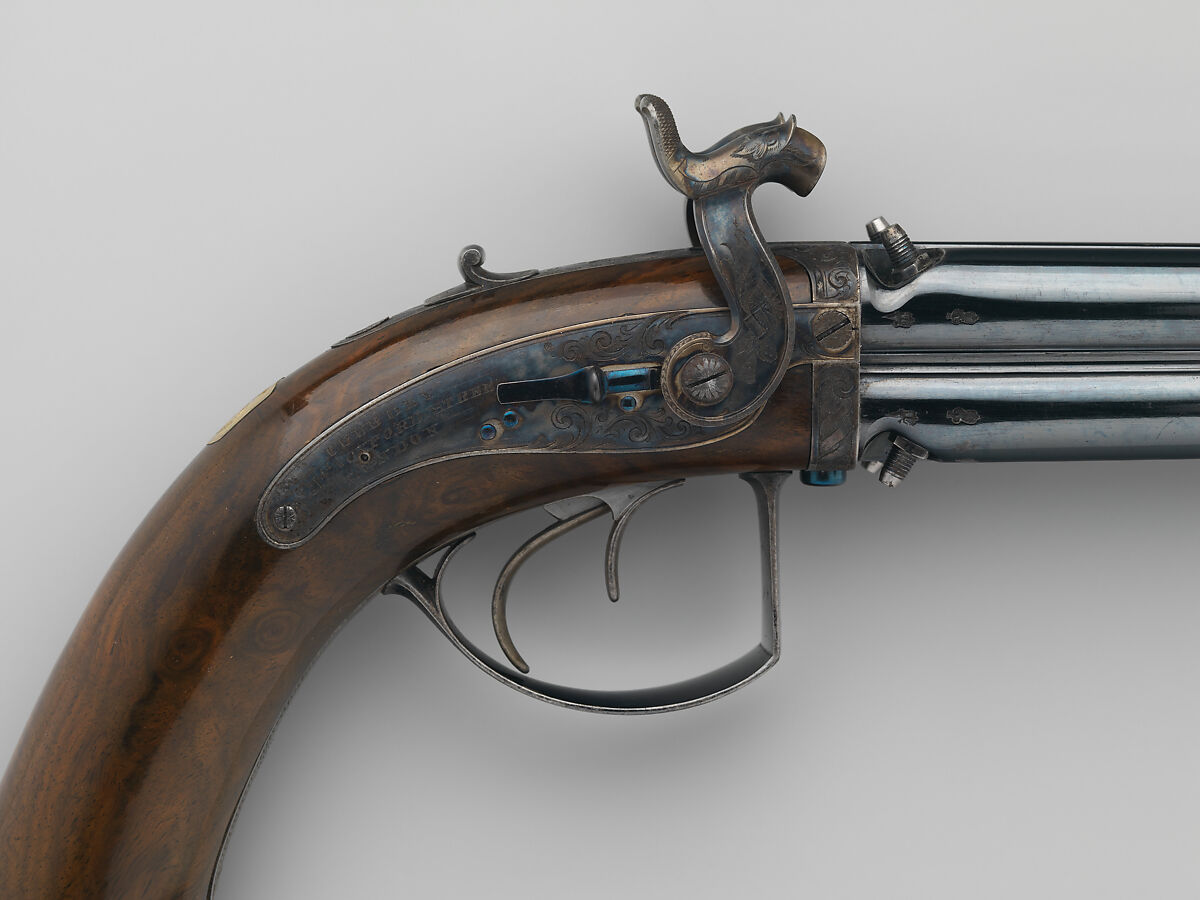 Pair of Four-Barreled Turnover Percussion Pistols of Henry Pelham Fiennes Pelham-Clinton, 4th Duke of Newcastle-under-Lyne (1785–1851), with Pair of Box-Lock Turn-Off Pocket Pistols, Case, and Accessories, James Purdey the Elder (British, London 1784–1863 Margate), Turnover pistols: steel, wood (walnut), gold, silver; pocket pistols: steel, wood (walnut); mallet: wood (walnut, rosewood, ebony), leather; ramrod: wood (ebony), brass; cleaning rod: wood (walnut), brass, steel; cleaning rod tip: brass; powder flask: copper, gold, brass, steel; bullet mold: steel; nipple wrench: wood (walnut), steel, brass; screwdriver: horn, steel, brass; socket wrench: steel; patch box: ivory; case: wood (mahogany), brass, ivory, textile, paper, British, London