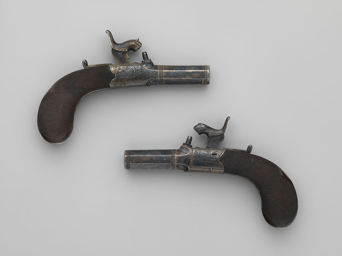 Pair of Four-Barreled Turnover Percussion Pistols of Henry Pelham Fiennes Pelham-Clinton, 4th Duke of Newcastle-under-Lyne (1785–1851), with Pair of Box-Lock Turn-Off Pocket Pistols, Case, and Accessories, James Purdey the Elder (British, London 1784–1863 Margate), Turnover pistols: steel, wood (walnut), gold, silver; pocket pistols: steel, wood (walnut); mallet: wood (walnut, rosewood, ebony), leather; ramrod: wood (ebony), brass; cleaning rod: wood (walnut), brass, steel; cleaning rod tip: brass; powder flask: copper, gold, brass, steel; bullet mold: steel; nipple wrench: wood (walnut), steel, brass; screwdriver: horn, steel, brass; socket wrench: steel; patch box: ivory; case: wood (mahogany), brass, ivory, textile, paper, British, London