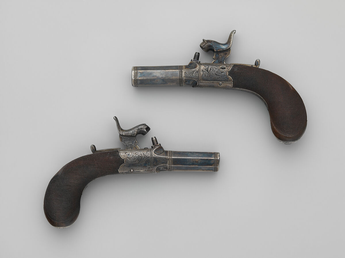 Pair of Four-Barreled Turnover Percussion Pistols of Henry Pelham Fiennes Pelham-Clinton, 4th Duke of Newcastle-under-Lyne (1785–1851), with Pair of Box-Lock Turn-Off Pocket Pistols, Case, and Accessories, James Purdey the Elder (British, London 1784–1863 Margate), Turnover pistols: steel, wood (walnut), gold, silver; pocket pistols: steel, wood (walnut); mallet: wood (walnut, rosewood, ebony), leather; ramrod: wood (ebony), brass; cleaning rod: wood (walnut), brass, steel; cleaning rod tip: brass; powder flask: copper, gold, brass, steel; bullet mold: steel; nipple wrench: wood (walnut), steel, brass; screwdriver: horn, steel, brass; socket wrench: steel; patch box: ivory; case: wood (mahogany), brass, ivory, textile, paper, British, London