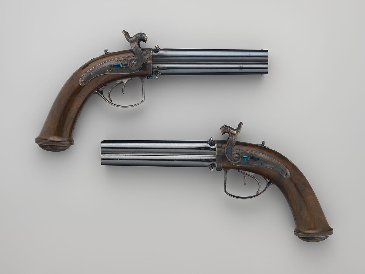 Pair of Four-Barreled Turnover Percussion Pistols of Henry Pelham Fiennes Pelham-Clinton, 4th Duke of Newcastle-under-Lyne (1785–1851), with Pair of Box-Lock Turn-Off Pocket Pistols, Case, and Accessories, James Purdey the Elder (British, London 1784–1863 Margate), Turnover pistols: steel, wood (walnut), gold, silver; pocket pistols: steel, wood (walnut); mallet: wood (walnut, rosewood, ebony), leather; ramrod: wood (ebony), brass; cleaning rod: wood (walnut), brass, steel; cleaning rod tip: brass; powder flask: copper, gold, brass, steel; bullet mold: steel; nipple wrench: wood (walnut), steel, brass; screwdriver: horn, steel, brass; socket wrench: steel; patch box: ivory; case: wood (mahogany), brass, ivory, textile, paper, British, London 