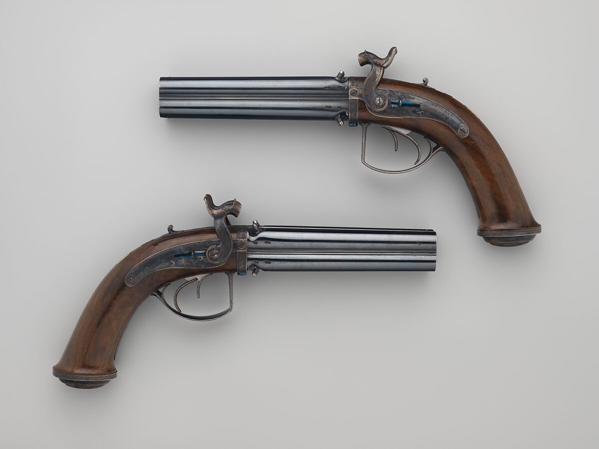Pair of Four-Barreled Turnover Percussion Pistols of Henry Pelham Fiennes Pelham-Clinton, 4th Duke of Newcastle-under-Lyne (1785–1851), with Pair of Box-Lock Turn-Off Pocket Pistols, Case, and Accessories, James Purdey the Elder (British, London 1784–1863 Margate), Turnover pistols: steel, wood (walnut), gold, silver; pocket pistols: steel, wood (walnut); mallet: wood (walnut, rosewood, ebony), leather; ramrod: wood (ebony), brass; cleaning rod: wood (walnut), brass, steel; cleaning rod tip: brass; powder flask: copper, gold, brass, steel; bullet mold: steel; nipple wrench: wood (walnut), steel, brass; screwdriver: horn, steel, brass; socket wrench: steel; patch box: ivory; case: wood (mahogany), brass, ivory, textile, paper, British, London