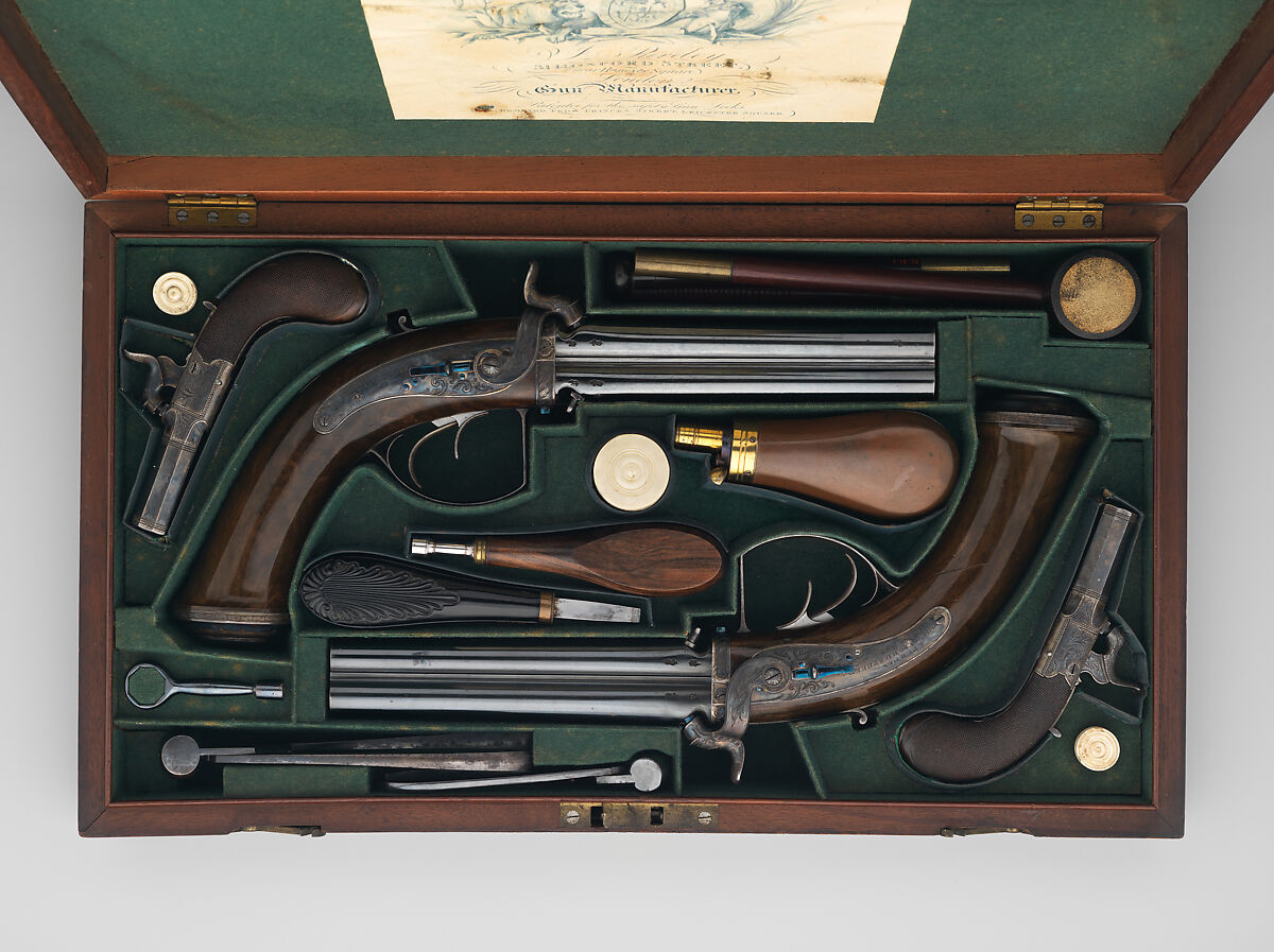 Pair of Four-Barreled Turnover Percussion Pistols of Henry Pelham Fiennes Pelham-Clinton, 4th Duke of Newcastle-under-Lyne (1785–1851), with Pair of Box-Lock Turn-Off Pocket Pistols, Case, and Accessories, James Purdey the Elder (British, London 1784–1863 Margate), Turnover pistols: steel, wood (walnut), gold, silver; pocket pistols: steel, wood (walnut); mallet: wood (walnut, rosewood, ebony), leather; ramrod: wood (ebony), brass; cleaning rod: wood (walnut), brass, steel; cleaning rod tip: brass; powder flask: copper, gold, brass, steel; bullet mold: steel; nipple wrench: wood (walnut), steel, brass; screwdriver: horn, steel, brass; socket wrench: steel; patch box: ivory; case: wood (mahogany), brass, ivory, textile, paper, British, London