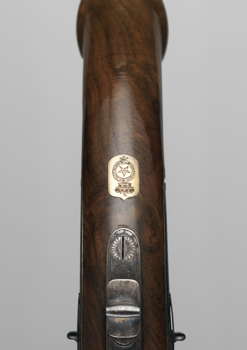 Pair of Four-Barreled Turnover Percussion Pistols of Henry Pelham Fiennes Pelham-Clinton, 4th Duke of Newcastle-under-Lyne (1785–1851), with Pair of Box-Lock Turn-Off Pocket Pistols, Case, and Accessories, James Purdey the Elder (British, London 1784–1863 Margate), Turnover pistols: steel, wood (walnut), gold, silver; pocket pistols: steel, wood (walnut); mallet: wood (walnut, rosewood, ebony), leather; ramrod: wood (ebony), brass; cleaning rod: wood (walnut), brass, steel; cleaning rod tip: brass; powder flask: copper, gold, brass, steel; bullet mold: steel; nipple wrench: wood (walnut), steel, brass; screwdriver: horn, steel, brass; socket wrench: steel; patch box: ivory; case: wood (mahogany), brass, ivory, textile, paper, British, London