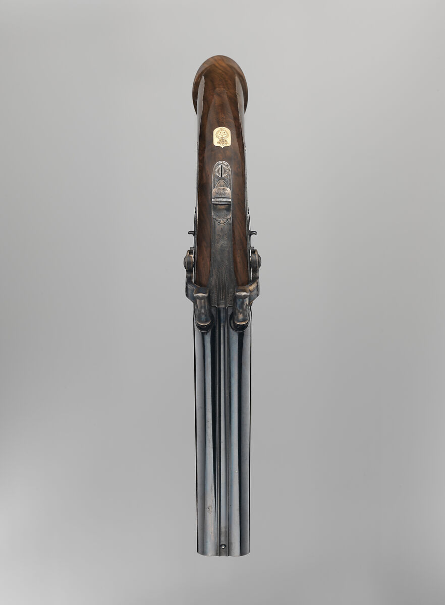 Pair of Four-Barreled Turnover Percussion Pistols of Henry Pelham Fiennes Pelham-Clinton, 4th Duke of Newcastle-under-Lyne (1785–1851), with Pair of Box-Lock Turn-Off Pocket Pistols, Case, and Accessories, James Purdey the Elder (British, London 1784–1863 Margate), Turnover pistols: steel, wood (walnut), gold, silver; pocket pistols: steel, wood (walnut); mallet: wood (walnut, rosewood, ebony), leather; ramrod: wood (ebony), brass; cleaning rod: wood (walnut), brass, steel; cleaning rod tip: brass; powder flask: copper, gold, brass, steel; bullet mold: steel; nipple wrench: wood (walnut), steel, brass; screwdriver: horn, steel, brass; socket wrench: steel; patch box: ivory; case: wood (mahogany), brass, ivory, textile, paper, British, London