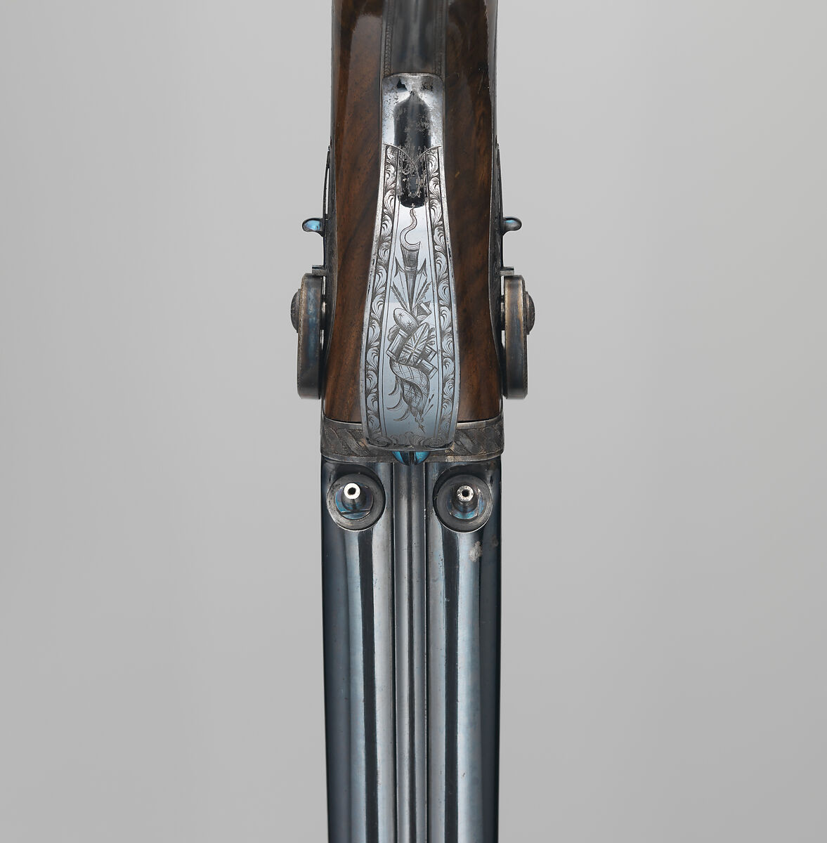 Pair of Four-Barreled Turnover Percussion Pistols of Henry Pelham Fiennes Pelham-Clinton, 4th Duke of Newcastle-under-Lyne (1785–1851), with Pair of Box-Lock Turn-Off Pocket Pistols, Case, and Accessories, James Purdey the Elder (British, London 1784–1863 Margate), Turnover pistols: steel, wood (walnut), gold, silver; pocket pistols: steel, wood (walnut); mallet: wood (walnut, rosewood, ebony), leather; ramrod: wood (ebony), brass; cleaning rod: wood (walnut), brass, steel; cleaning rod tip: brass; powder flask: copper, gold, brass, steel; bullet mold: steel; nipple wrench: wood (walnut), steel, brass; screwdriver: horn, steel, brass; socket wrench: steel; patch box: ivory; case: wood (mahogany), brass, ivory, textile, paper, British, London