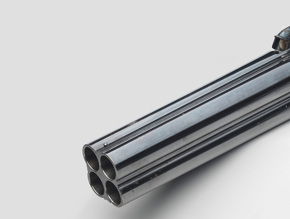 Pair of Four-Barreled Turnover Percussion Pistols of Henry Pelham Fiennes Pelham-Clinton, 4th Duke of Newcastle-under-Lyne (1785–1851), with Pair of Box-Lock Turn-Off Pocket Pistols, Case, and Accessories, James Purdey the Elder (British, London 1784–1863 Margate), Turnover pistols: steel, wood (walnut), gold, silver; pocket pistols: steel, wood (walnut); mallet: wood (walnut, rosewood, ebony), leather; ramrod: wood (ebony), brass; cleaning rod: wood (walnut), brass, steel; cleaning rod tip: brass; powder flask: copper, gold, brass, steel; bullet mold: steel; nipple wrench: wood (walnut), steel, brass; screwdriver: horn, steel, brass; socket wrench: steel; patch box: ivory; case: wood (mahogany), brass, ivory, textile, paper, British, London