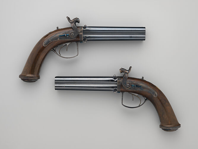 Pair of Four-Barreled Turnover Percussion Pistols of Henry Pelham Fiennes Pelham-Clinton, 4th Duke of Newcastle-under-Lyne (1785–1851), with Pair of Box-Lock Turn-Off Pocket Pistols, Case, and Accessories