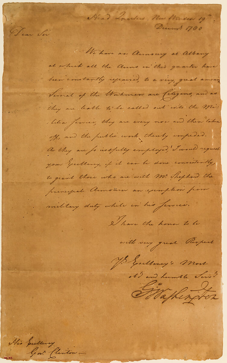 Letter from George Washington to New York Governor George Clinton, George Washington (American, 1732–1799), Ink, paper, American 