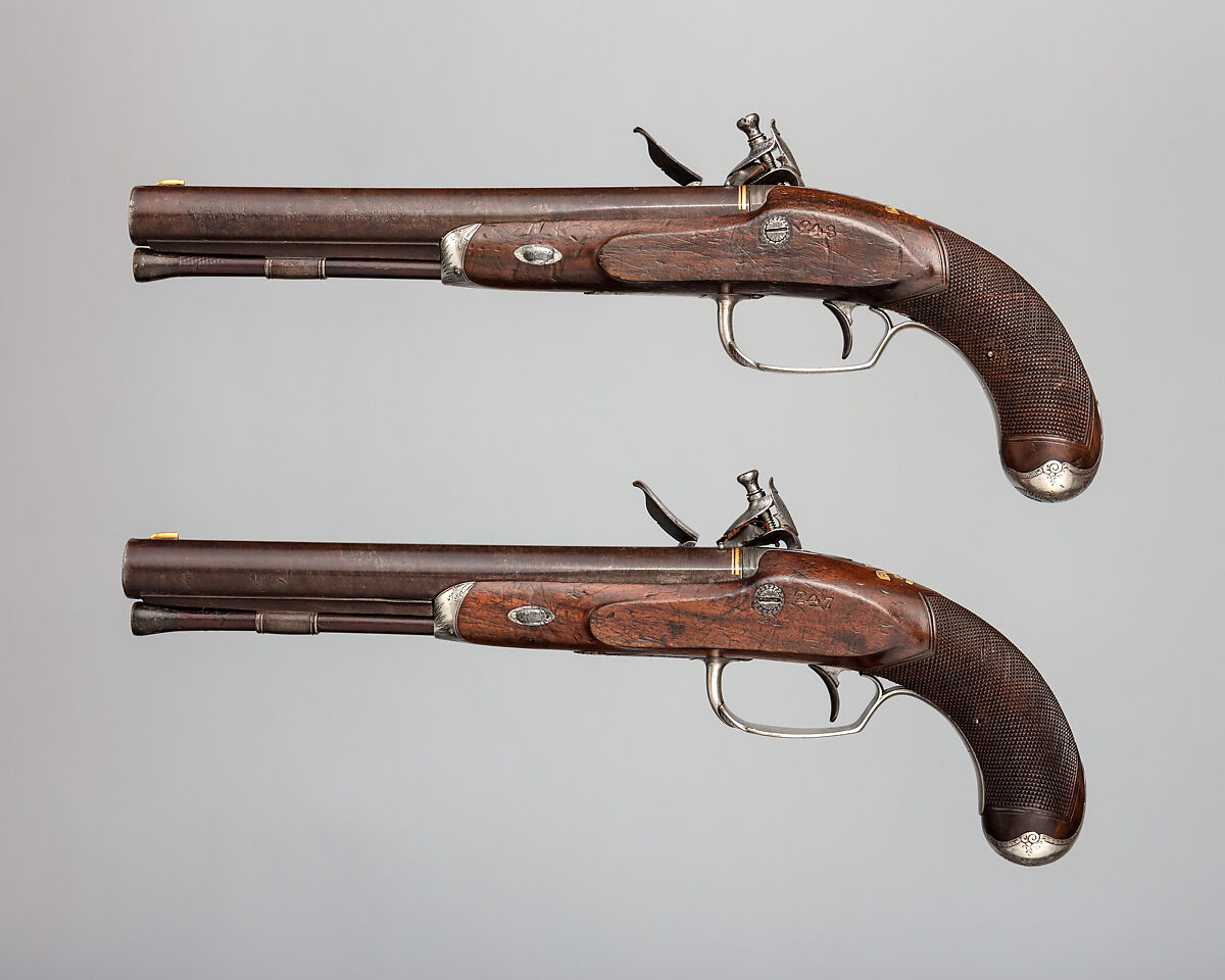 Pair of Flintlock Pistols of the Prince of Wales, later George IV (1762–1830), Durs Egg (British, born Switzerland, baptized Oberbuchsiten, Switzerland 1748–1831 London), Steel, wood (walnut, rosewood), silver, gold, horn, lead, British, London