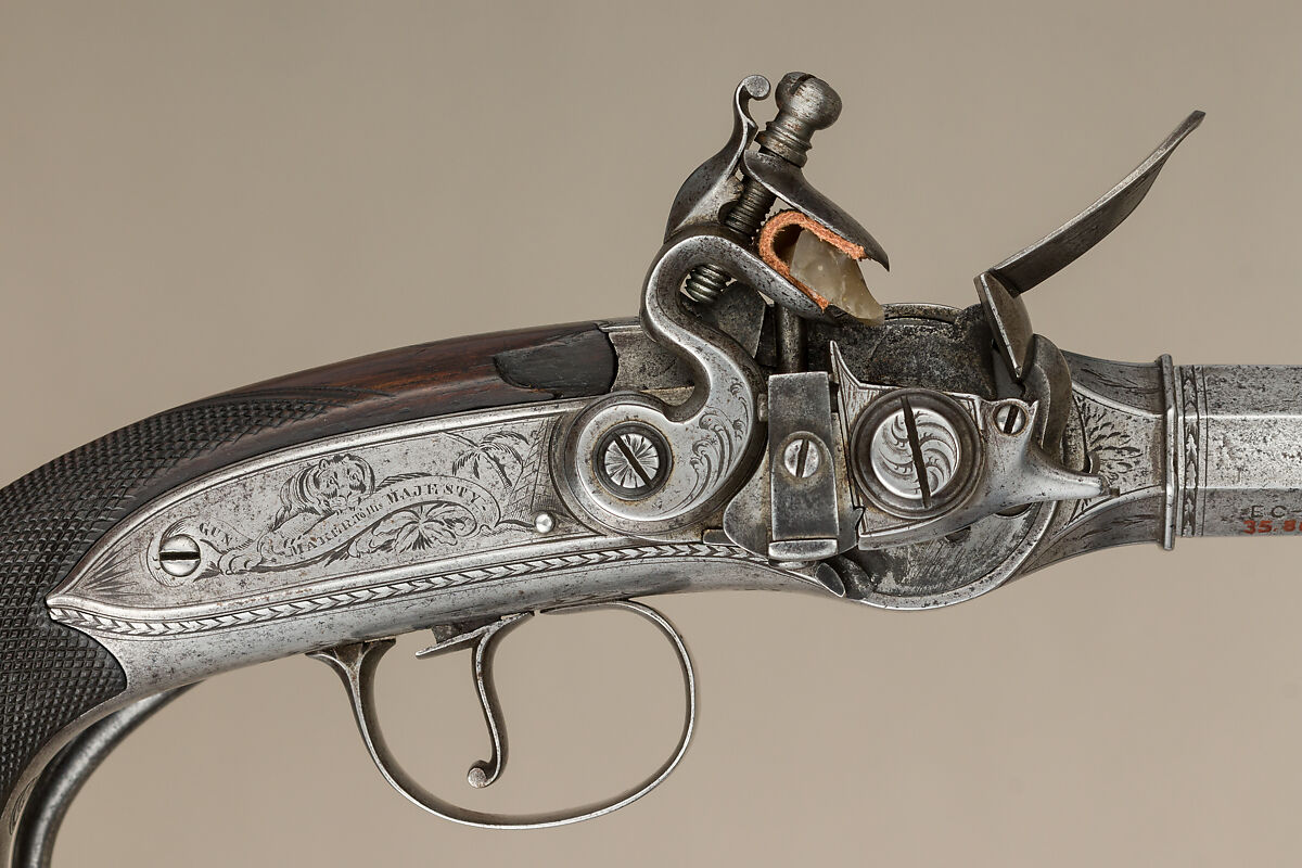 Flintlock Repeating Pistol with Lorenzoni Action, Bearing the Crests of Vice Admiral Horatio Nelson (1758–1805), with Case and Accessories, Harvey Walklate Mortimer (British, Newcastle-under-Lyme 1753–1819 Hampstead-heath (now London)), Pistol: steel, wood (walnut), silver; reserve barrel: steel; bullet mould: steel; punch; steel; wrench: steel; case: wood (mahogany), brass, textile, paper, British, London