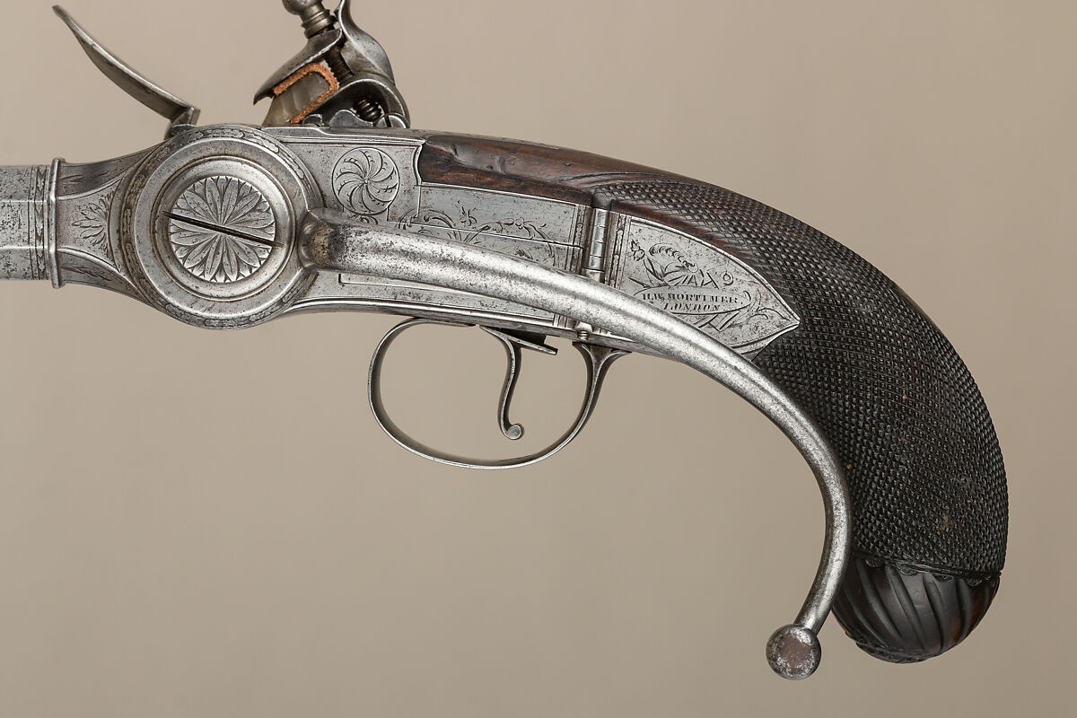 Flintlock Repeating Pistol with Lorenzoni Action, Bearing the Crests of Vice Admiral Horatio Nelson (1758–1805), with Case and Accessories, Harvey Walklate Mortimer (British, Newcastle-under-Lyme 1753–1819 Hampstead-heath (now London)), Pistol: steel, wood (walnut), silver; reserve barrel: steel; bullet mould: steel; punch; steel; wrench: steel; case: wood (mahogany), brass, textile, paper, British, London
