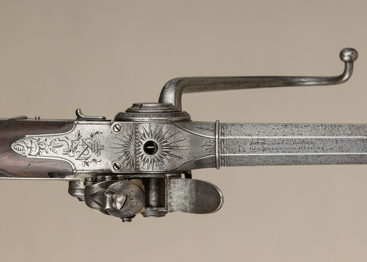 Flintlock Repeating Pistol with Lorenzoni Action, Bearing the Crests of Vice Admiral Horatio Nelson (1758–1805), with Case and Accessories, Harvey Walklate Mortimer (British, Newcastle-under-Lyme 1753–1819 Hampstead-heath (now London)), Pistol: steel, wood (walnut), silver; reserve barrel: steel; bullet mould: steel; punch; steel; wrench: steel; case: wood (mahogany), brass, textile, paper, British, London
