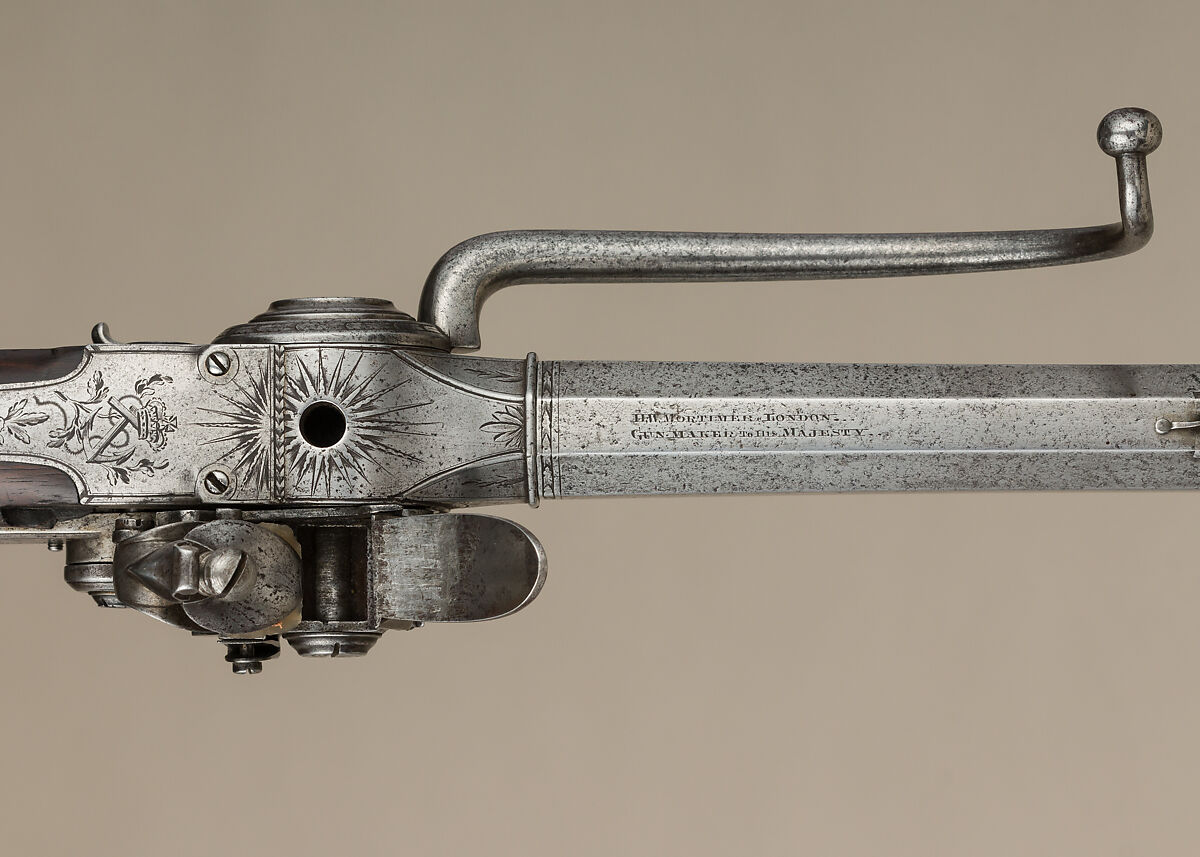 Flintlock Repeating Pistol with Lorenzoni Action, Bearing the Crests of Vice Admiral Horatio Nelson (1758–1805), with Case and Accessories, Harvey Walklate Mortimer (British, Newcastle-under-Lyme 1753–1819 Hampstead-heath (now London)), Pistol: steel, wood (walnut), silver; reserve barrel: steel; bullet mould: steel; punch; steel; wrench: steel; case: wood (mahogany), brass, textile, paper, British, London
