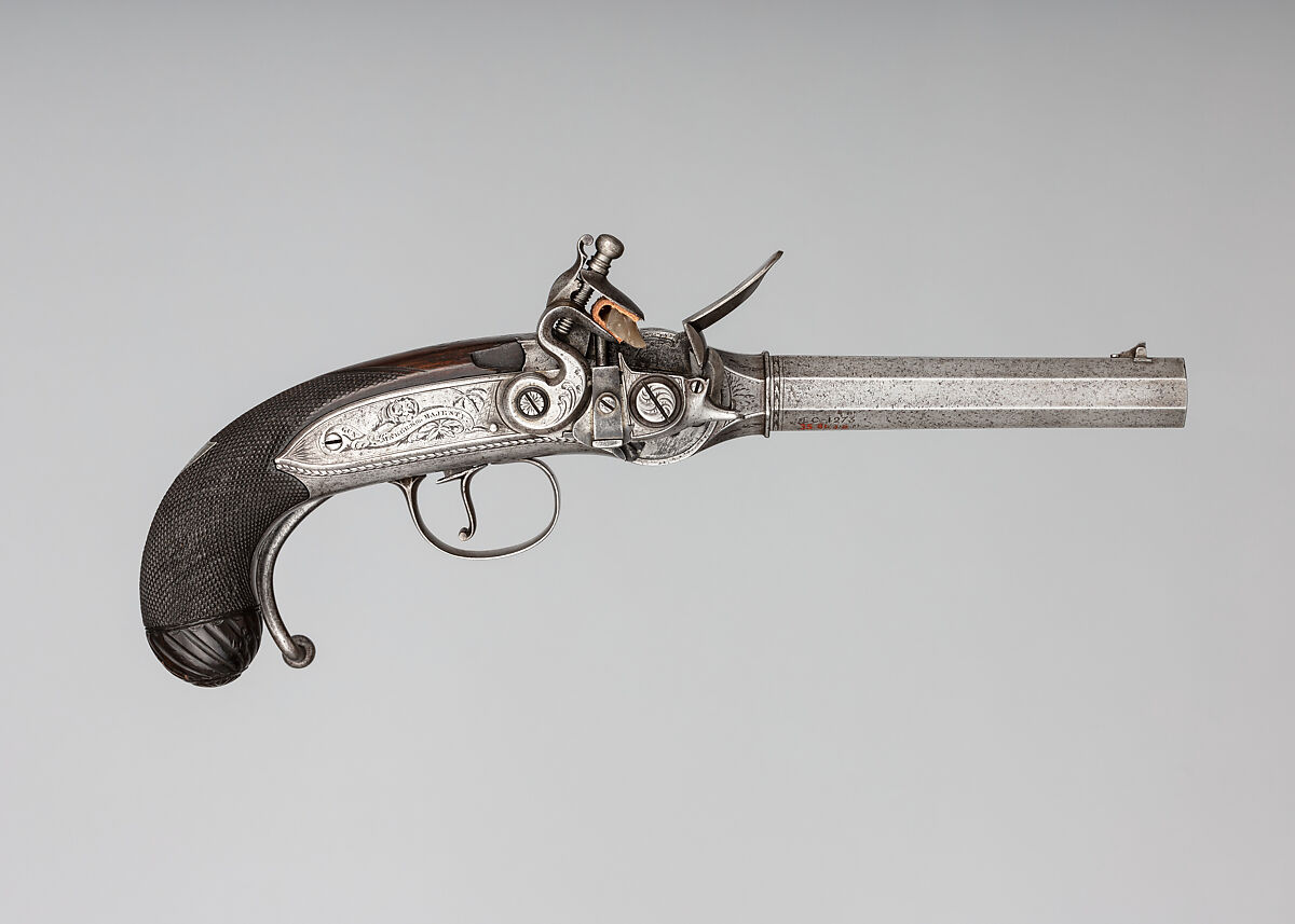 Flintlock Repeating Pistol with Lorenzoni Action, Bearing the Crests of Vice Admiral Horatio Nelson (1758–1805), with Case and Accessories, Harvey Walklate Mortimer (British, Newcastle-under-Lyme 1753–1819 Hampstead-heath (now London)), Pistol: steel, wood (walnut), silver; reserve barrel: steel; bullet mould: steel; punch; steel; wrench: steel; case: wood (mahogany), brass, textile, paper, British, London 