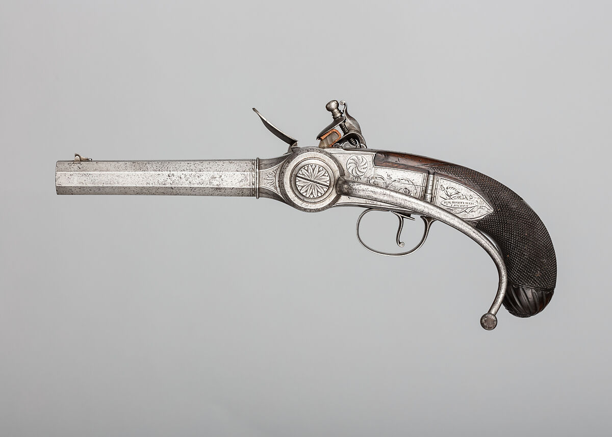 Flintlock Repeating Pistol with Lorenzoni Action, Bearing the Crests of Vice Admiral Horatio Nelson (1758–1805), with Case and Accessories, Harvey Walklate Mortimer (British, Newcastle-under-Lyme 1753–1819 Hampstead-heath (now London)), Pistol: steel, wood (walnut), silver; reserve barrel: steel; bullet mould: steel; punch; steel; wrench: steel; case: wood (mahogany), brass, textile, paper, British, London