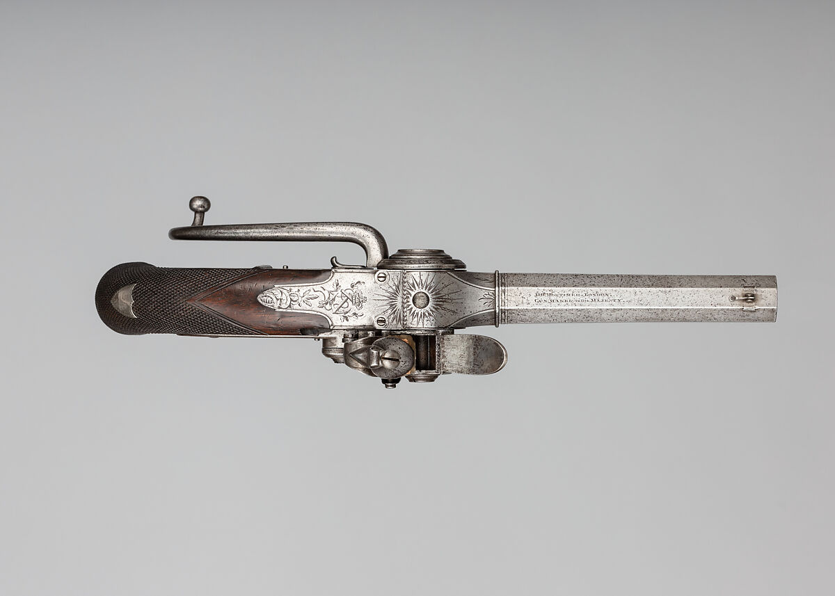 Flintlock Repeating Pistol with Lorenzoni Action, Bearing the Crests of Vice Admiral Horatio Nelson (1758–1805), with Case and Accessories, Harvey Walklate Mortimer (British, Newcastle-under-Lyme 1753–1819 Hampstead-heath (now London)), Pistol: steel, wood (walnut), silver; reserve barrel: steel; bullet mould: steel; punch; steel; wrench: steel; case: wood (mahogany), brass, textile, paper, British, London