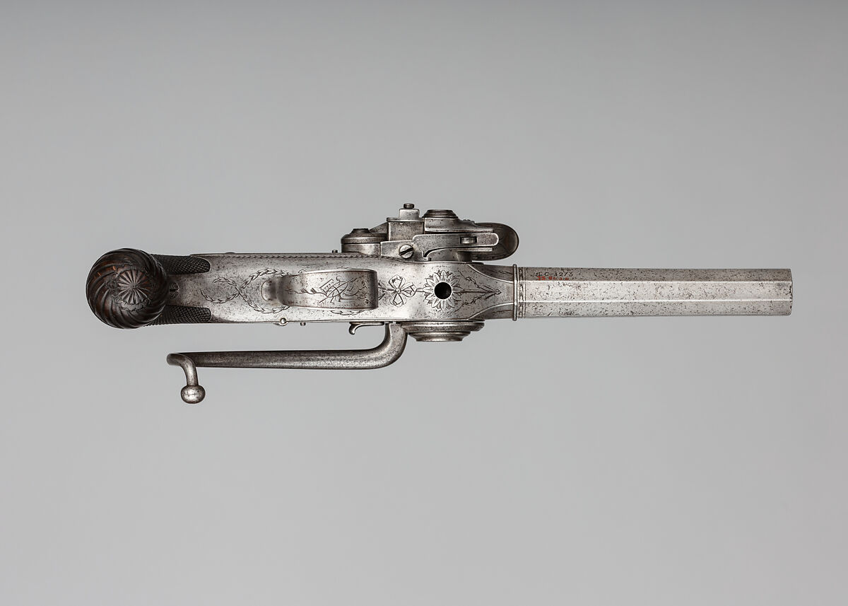 Flintlock Repeating Pistol with Lorenzoni Action, Bearing the Crests of Vice Admiral Horatio Nelson (1758–1805), with Case and Accessories, Harvey Walklate Mortimer (British, Newcastle-under-Lyme 1753–1819 Hampstead-heath (now London)), Pistol: steel, wood (walnut), silver; reserve barrel: steel; bullet mould: steel; punch; steel; wrench: steel; case: wood (mahogany), brass, textile, paper, British, London
