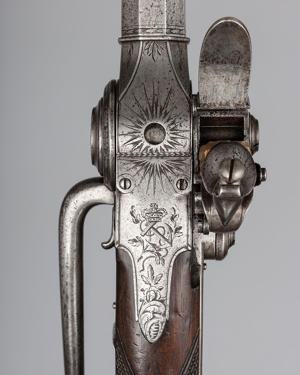 Flintlock Repeating Pistol with Lorenzoni Action, Bearing the Crests of Vice Admiral Horatio Nelson (1758–1805), with Case and Accessories, Harvey Walklate Mortimer (British, Newcastle-under-Lyme 1753–1819 Hampstead-heath (now London)), Pistol: steel, wood (walnut), silver; reserve barrel: steel; bullet mould: steel; punch; steel; wrench: steel; case: wood (mahogany), brass, textile, paper, British, London
