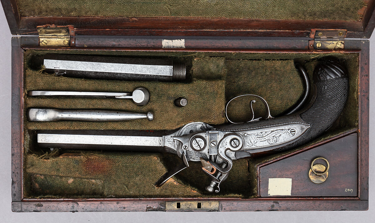 Flintlock Repeating Pistol with Lorenzoni Action, Bearing the Crests of Vice Admiral Horatio Nelson (1758–1805), with Case and Accessories, Harvey Walklate Mortimer (British, Newcastle-under-Lyme 1753–1819 Hampstead-heath (now London)), Pistol: steel, wood (walnut), silver; reserve barrel: steel; bullet mould: steel; punch; steel; wrench: steel; case: wood (mahogany), brass, textile, paper, British, London