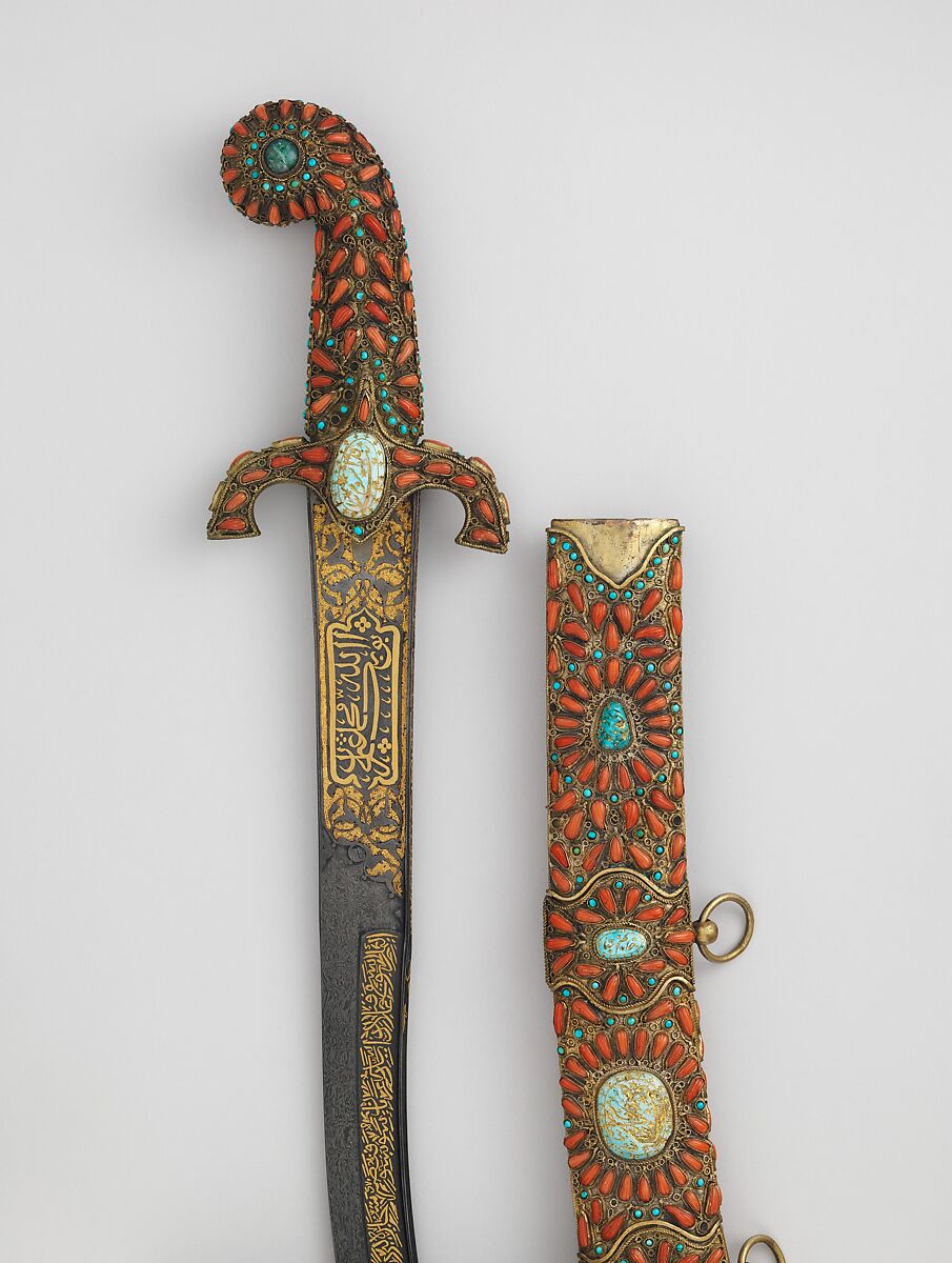 Sword (Kilij) with Scabbard, Steel, wood, turquoise, coral, emerald, gold, Turkish