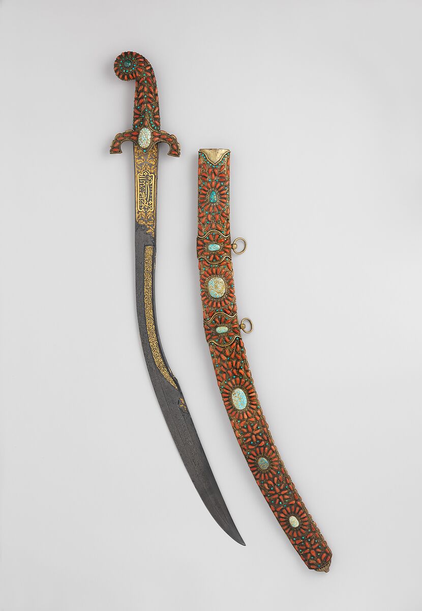 Sword (Kilij) with Scabbard, Steel, wood, turquoise, coral, emerald, gold, Turkish 