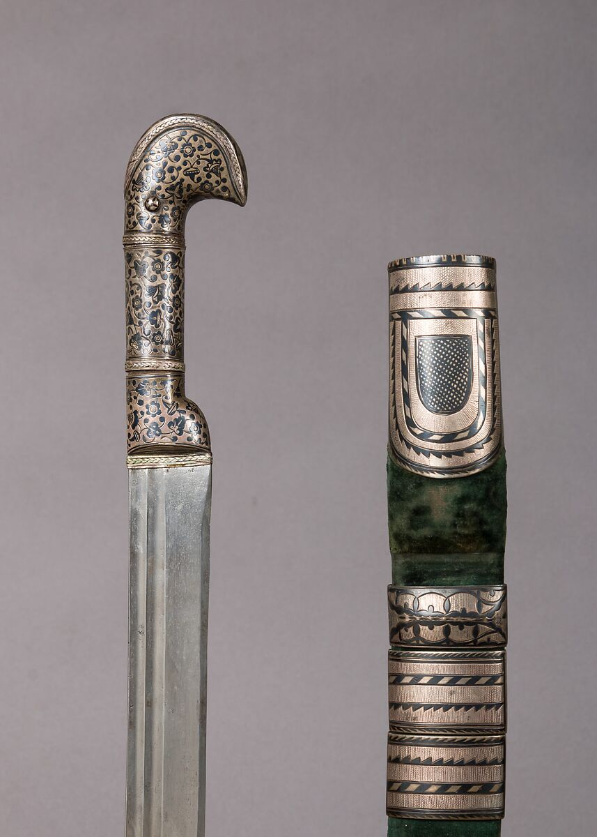 Sword with Scabbard, Steel, niello, textile, silver, wood, Caucasian 