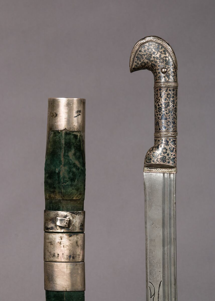 Sword with Scabbard, Steel, niello, textile, silver, wood, Caucasian