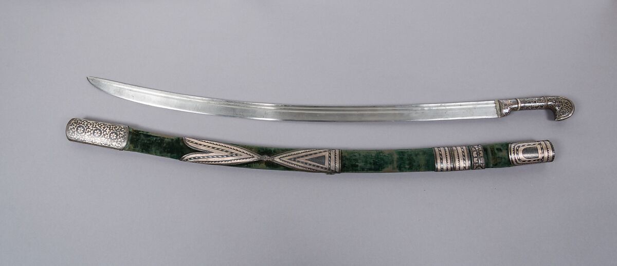 Sword with Scabbard, Steel, niello, textile, silver, wood, Caucasian
