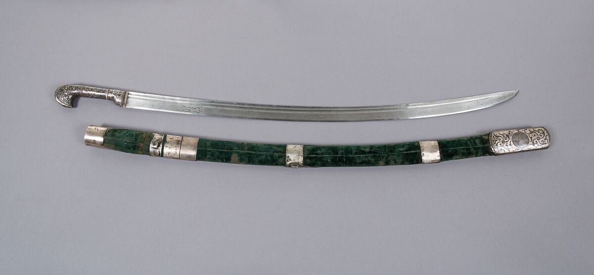 Sword with Scabbard, Steel, niello, textile, silver, wood, Caucasian