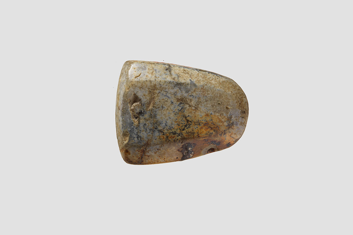 Stamp seal (octagonal pyramid) with cultic scene, Flawed and veined neutral Chalcedony (Quartz), possibly etched to produce mottling, Assyro-Babylonian