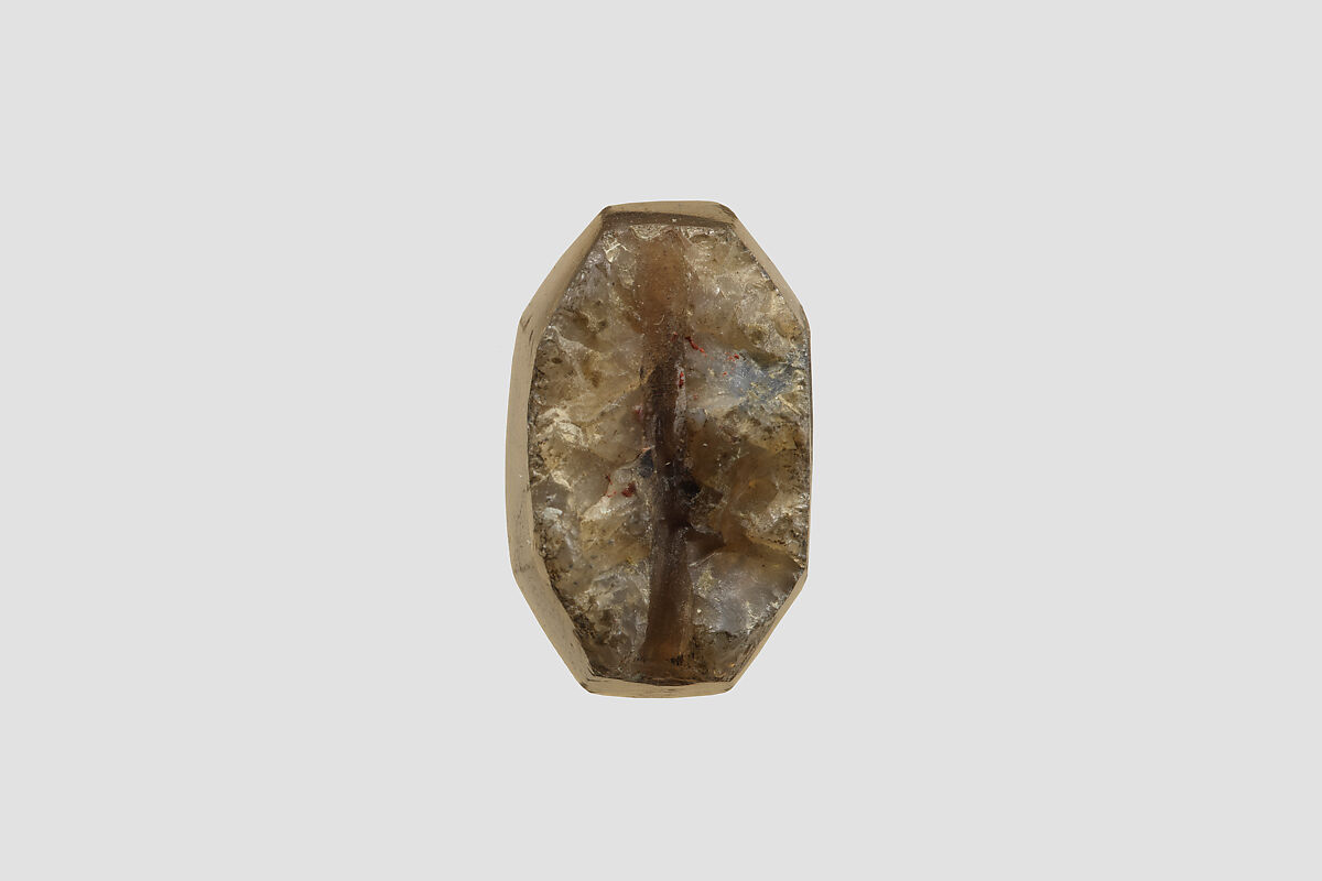 Stamp seal (octagonal pyramid) with cultic scene, Banded and flawed brown Chalcedony (Quartz), Assyrian