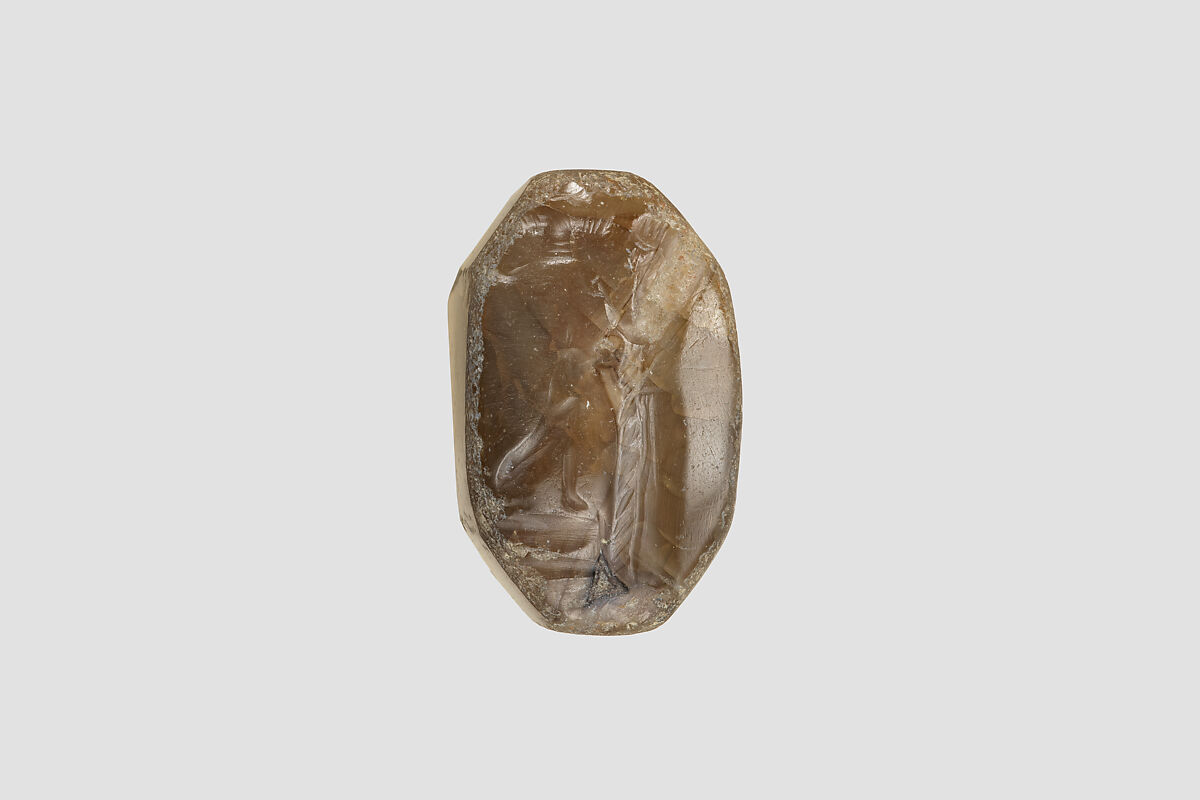 Stamp seal (octagonal pyramid) with cultic scene, Banded and flawed brown Chalcedony (Quartz), Assyrian