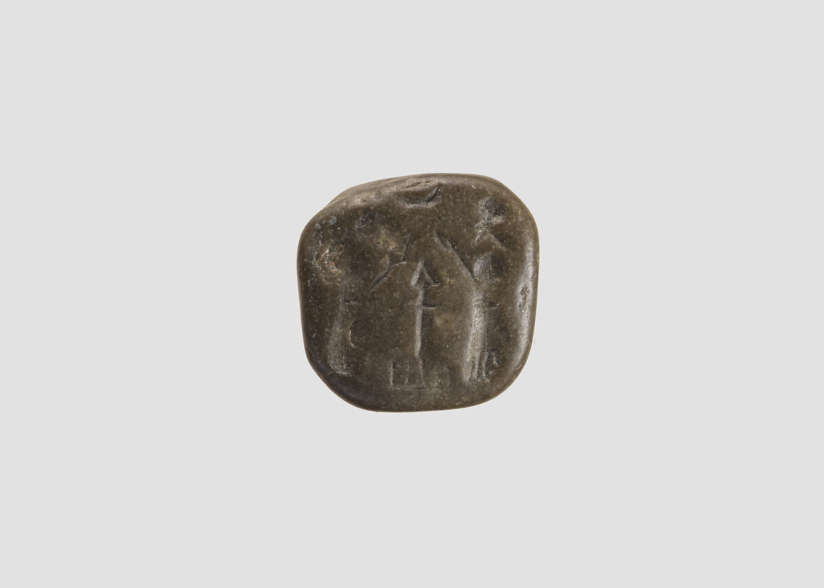 Stamp seal (octagonal pyramid, worn) with cultic scene, Feldspar, gray, Assyrian