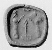 Stamp seal (octagonal pyramid, worn) with cultic scene, Feldspar, gray, Assyrian 