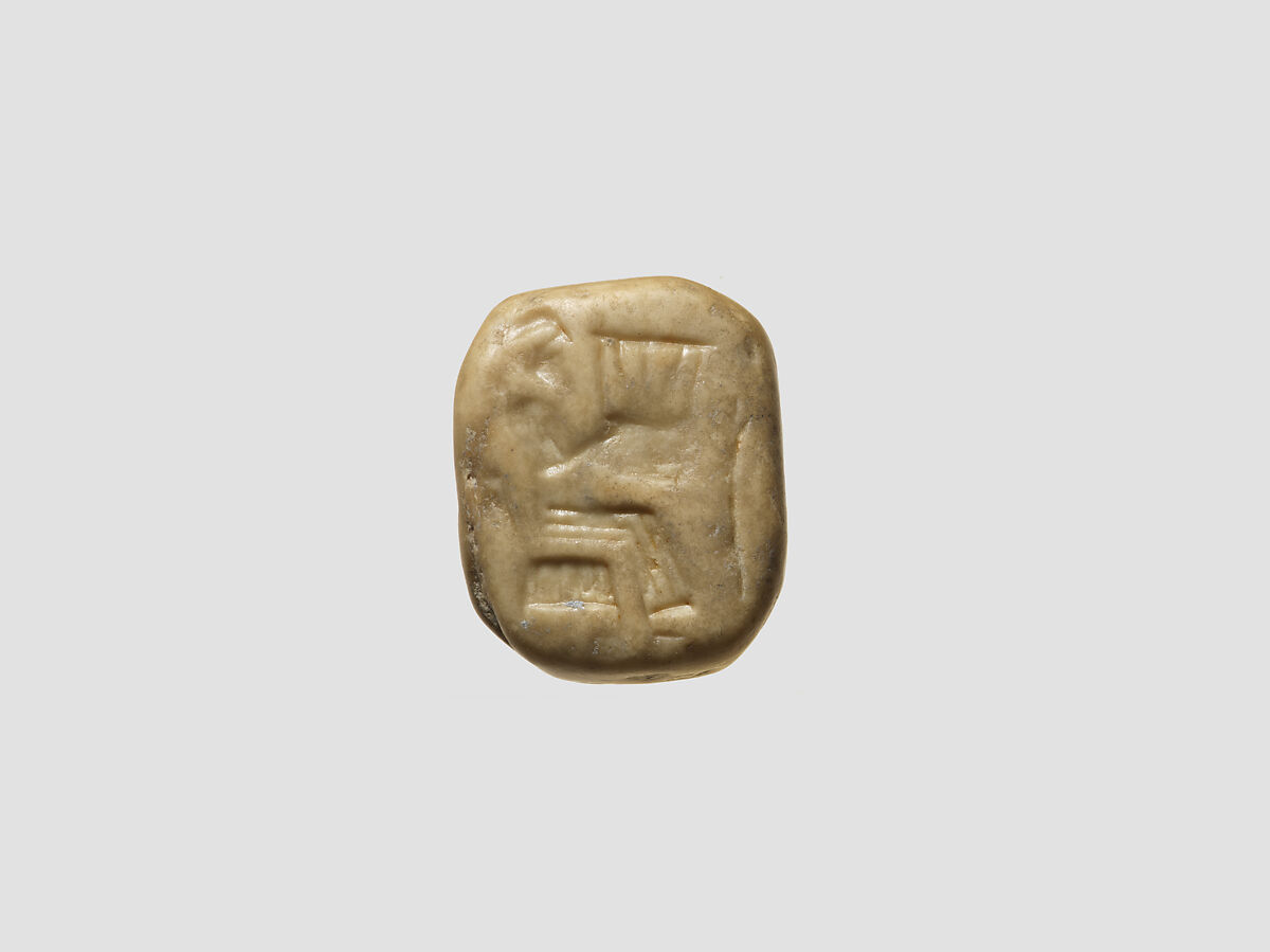 Stamp seal (octagonal pyramid, worn) with musician, Yellow limestone, Syro-Levantine