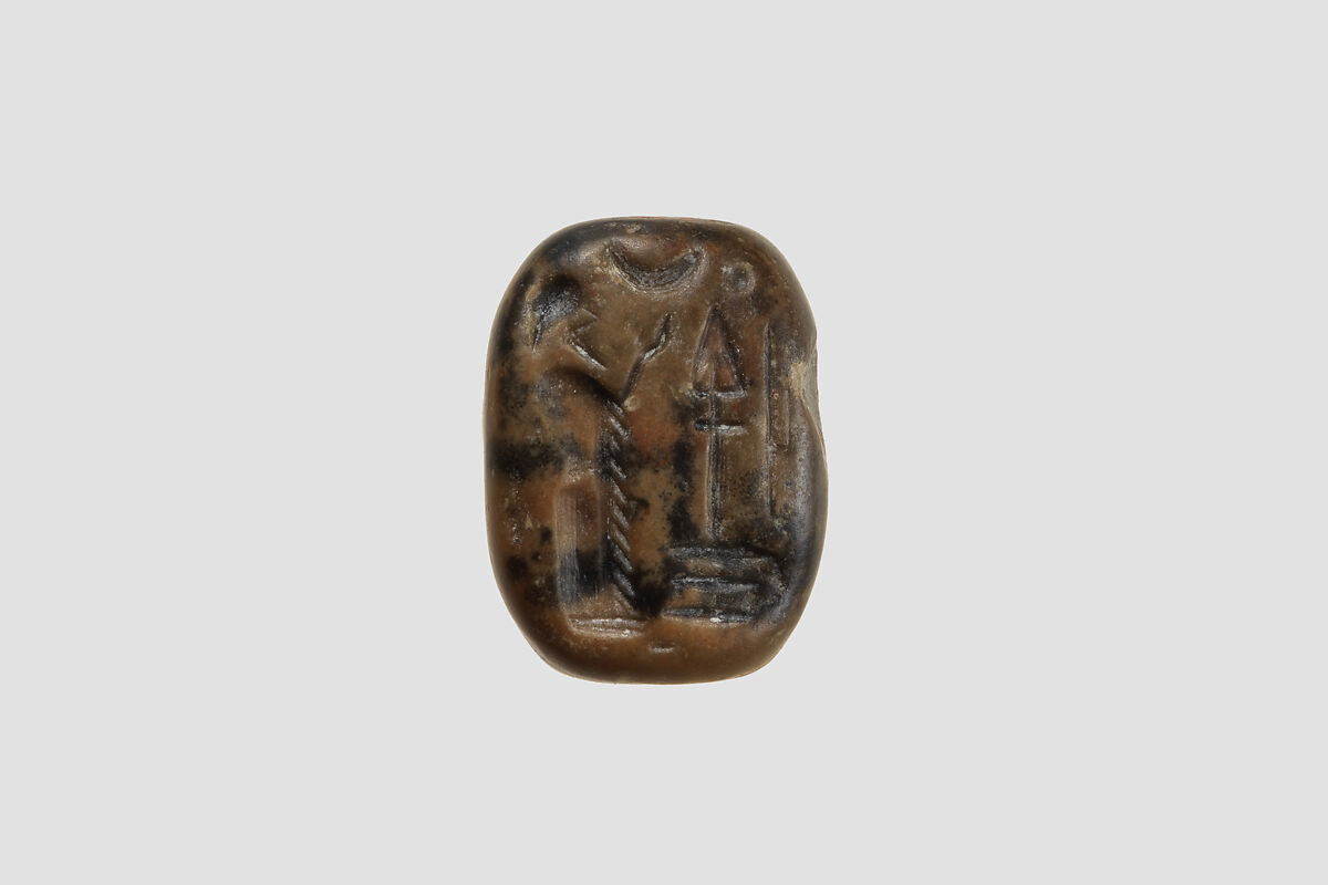 Stamp seal (octagonal pyramid, worn) with cultic scene, Limestone, olive, Assyrian