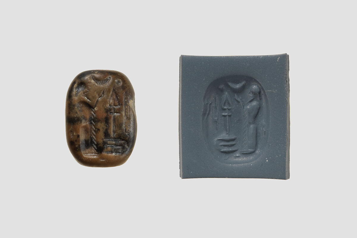 Stamp seal (octagonal pyramid, worn) with cultic scene, Limestone, olive, Assyrian 