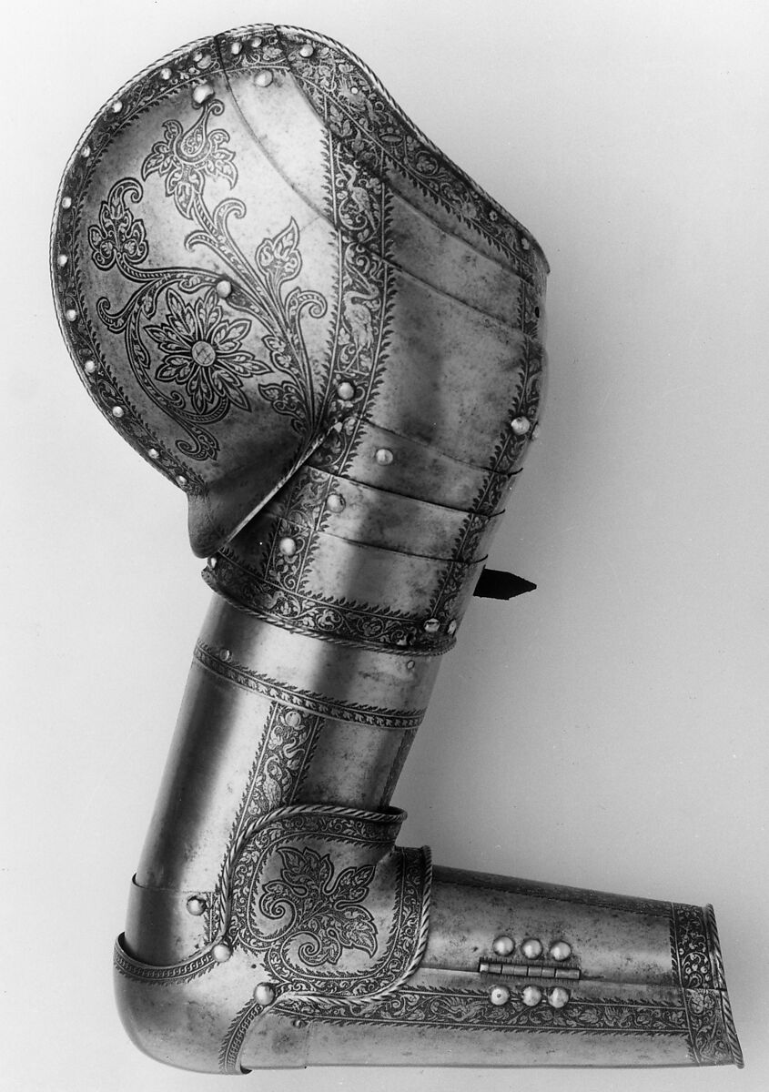 Right Shoulder and Arm Defense, Attributed to Wolfgang Grosschedel (German, Landshut, active ca. 1517–62), Steel, leather, copper alloy, German, Landshut