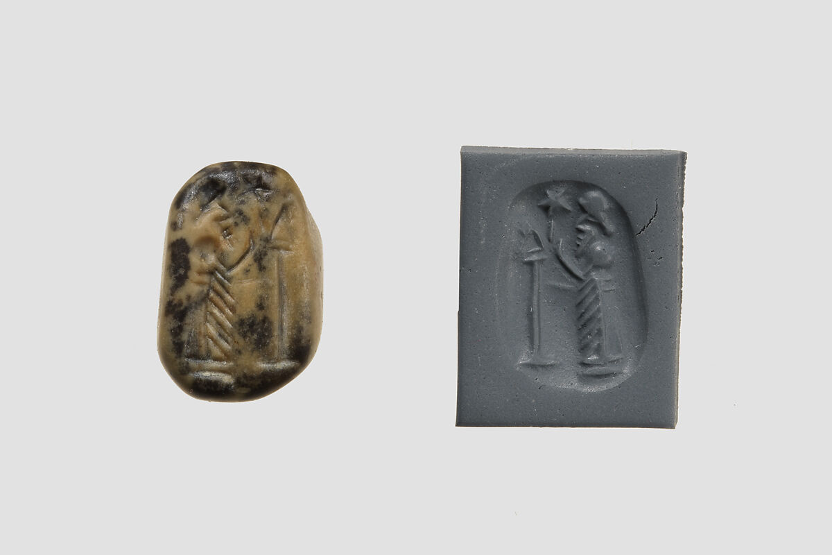 Stamp seal (octagonal pyramid, worn) with cultic scene, Feldspar, yellow black, Assyrian 