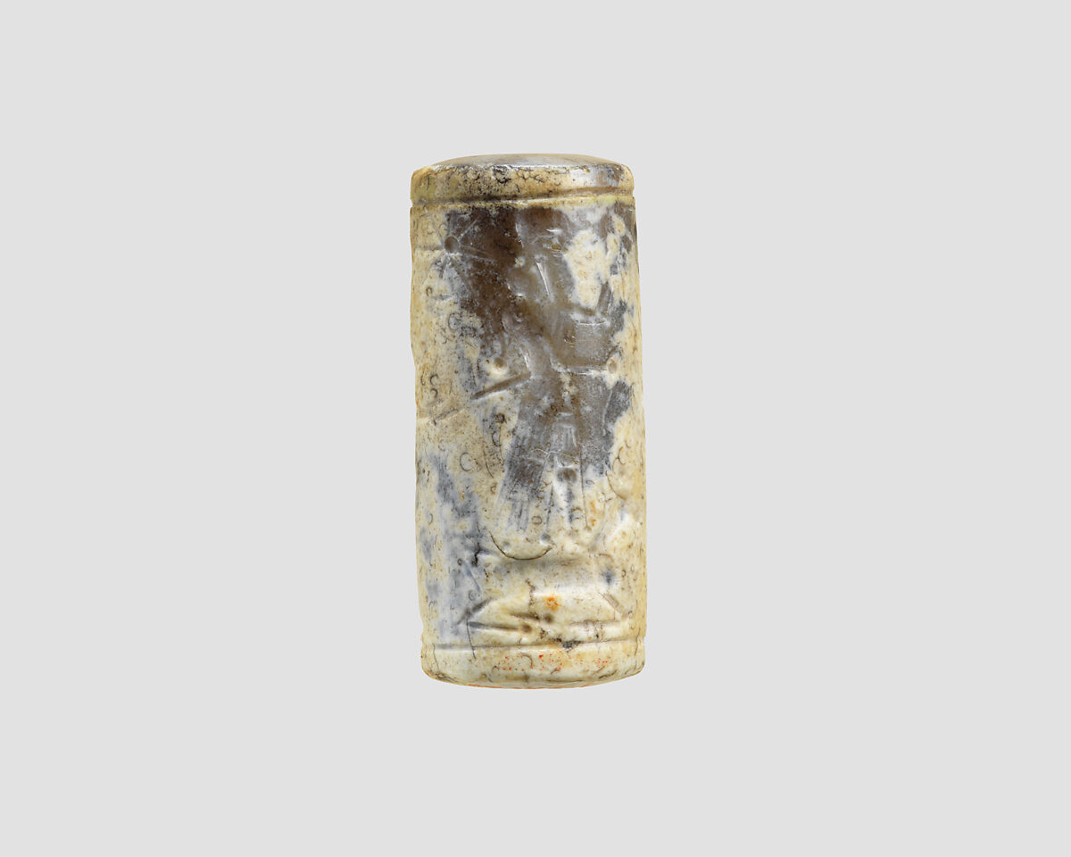 Cylinder seal with cultic scene, Variegated gray and cream Chalcedony (Quartz), Assyro-Babylonian