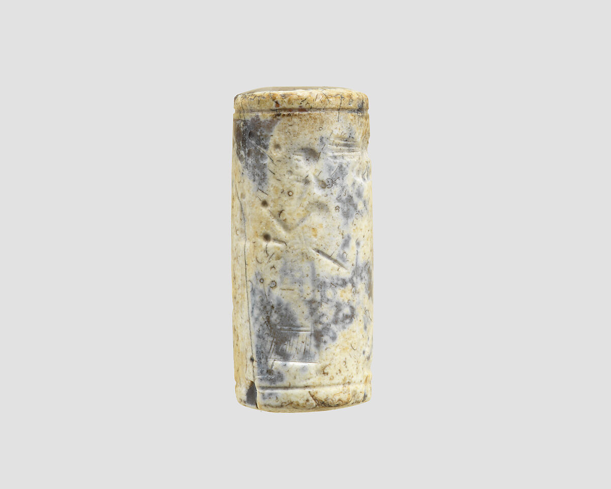 Cylinder seal with cultic scene, Variegated gray and cream Chalcedony (Quartz), Assyro-Babylonian