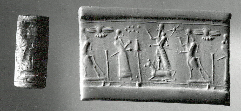 Cylinder seal with cultic scene
, Variegated gray and cream Chalcedony (Quartz), Assyro-Babylonian