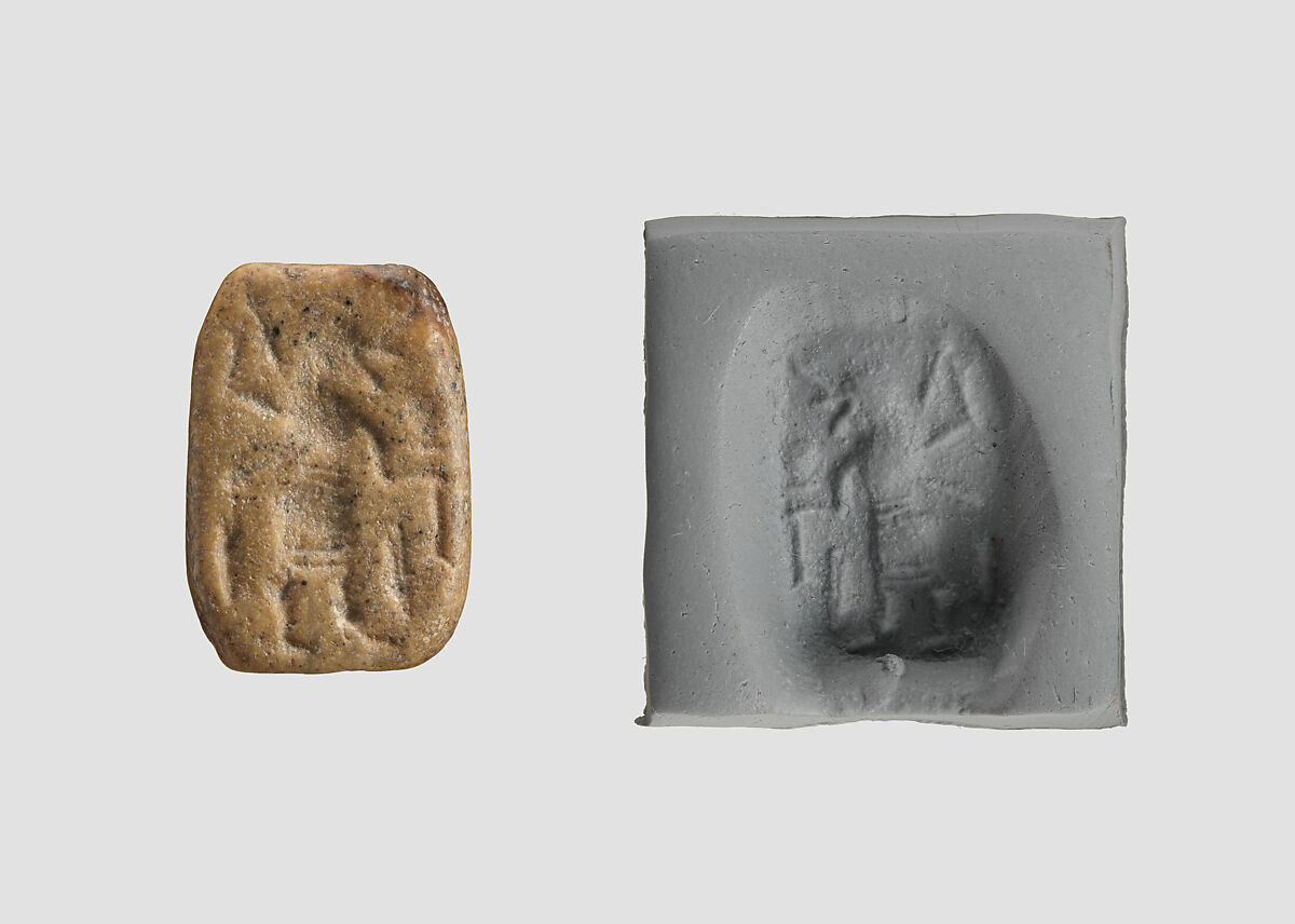 Stamp seal (octagonal pyramid) with demon, Feldspar, yellow (?), Assyrian 