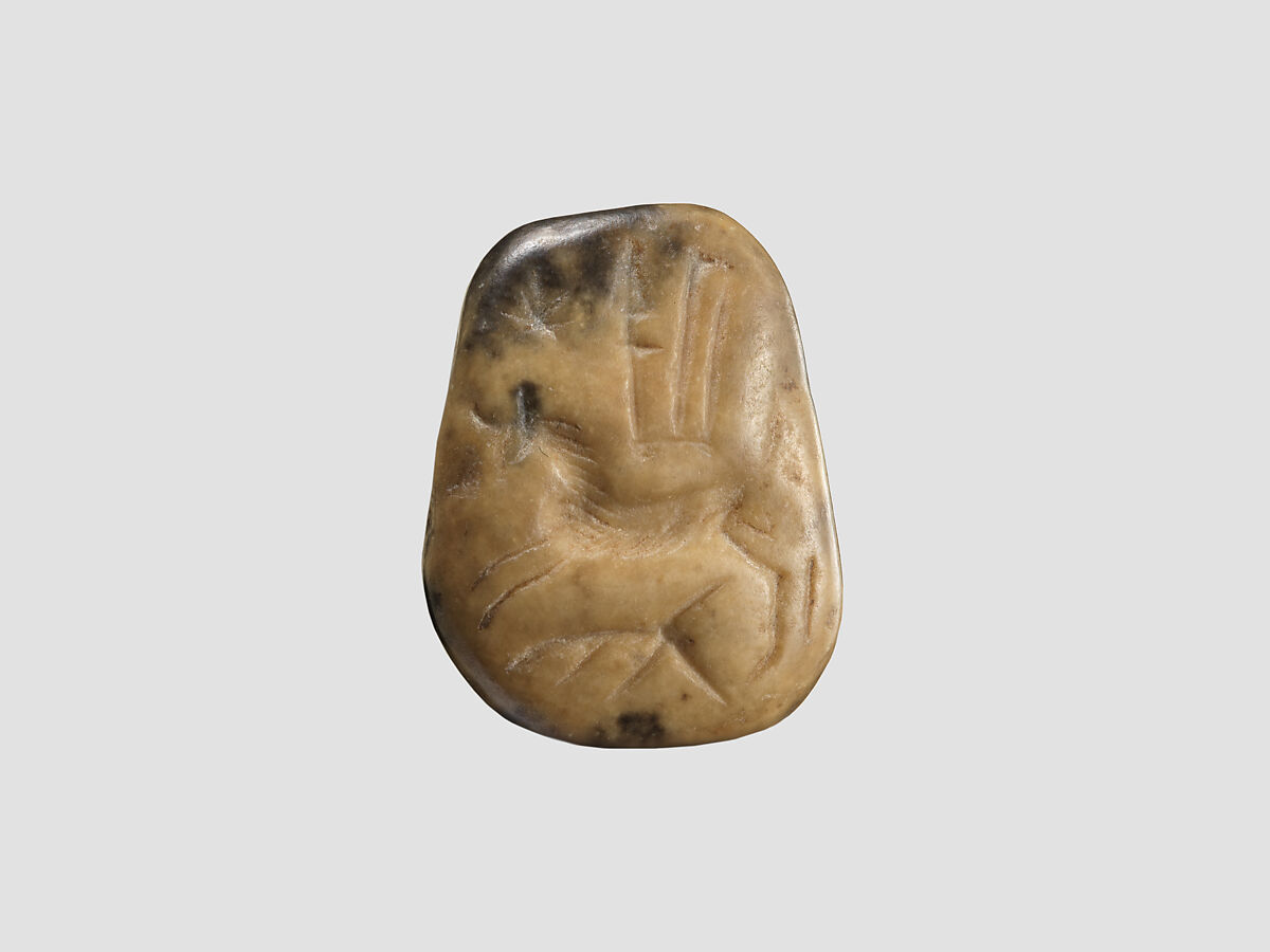 Stamp seal (octagonal pyramid, worn) with divine symbols, Feldspar (?), yellow black, Assyrian