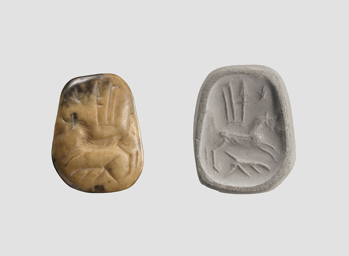 Stamp seal (octagonal pyramid, worn) with divine symbols, Feldspar (?), yellow black, Assyrian 