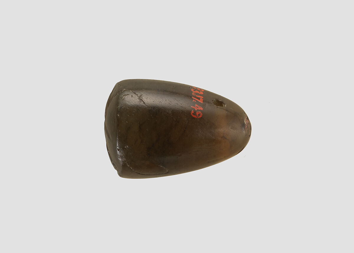 Stamp seal (conoid) with divine being, Veined brown Chalcedony (Quartz), Assyro-Babylonian