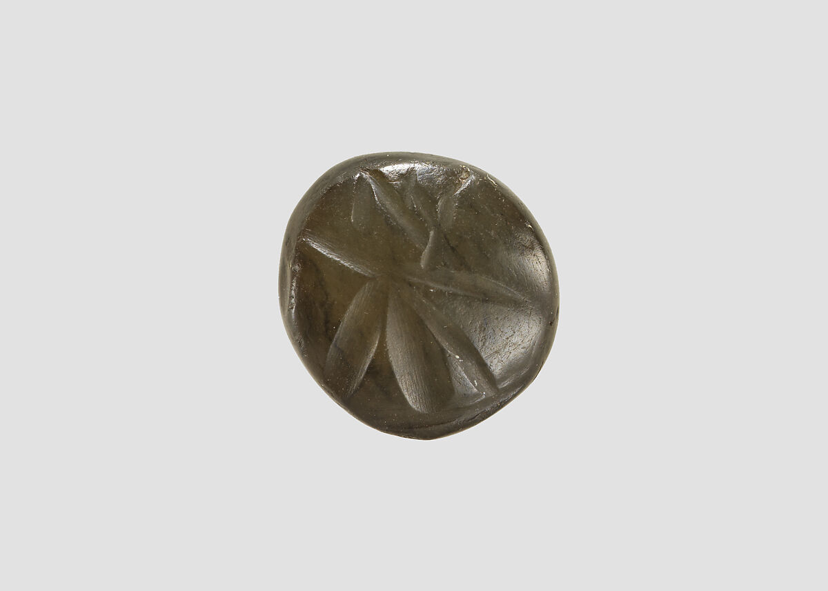 Stamp seal (conoid) with divine being, Veined brown Chalcedony (Quartz), Assyro-Babylonian