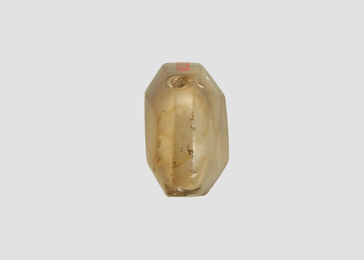 Stamp seal (octagonal pyramid) with cultic scene, Veined and flawed neutral Chalcedony (Quartz), Assyro-Babylonian