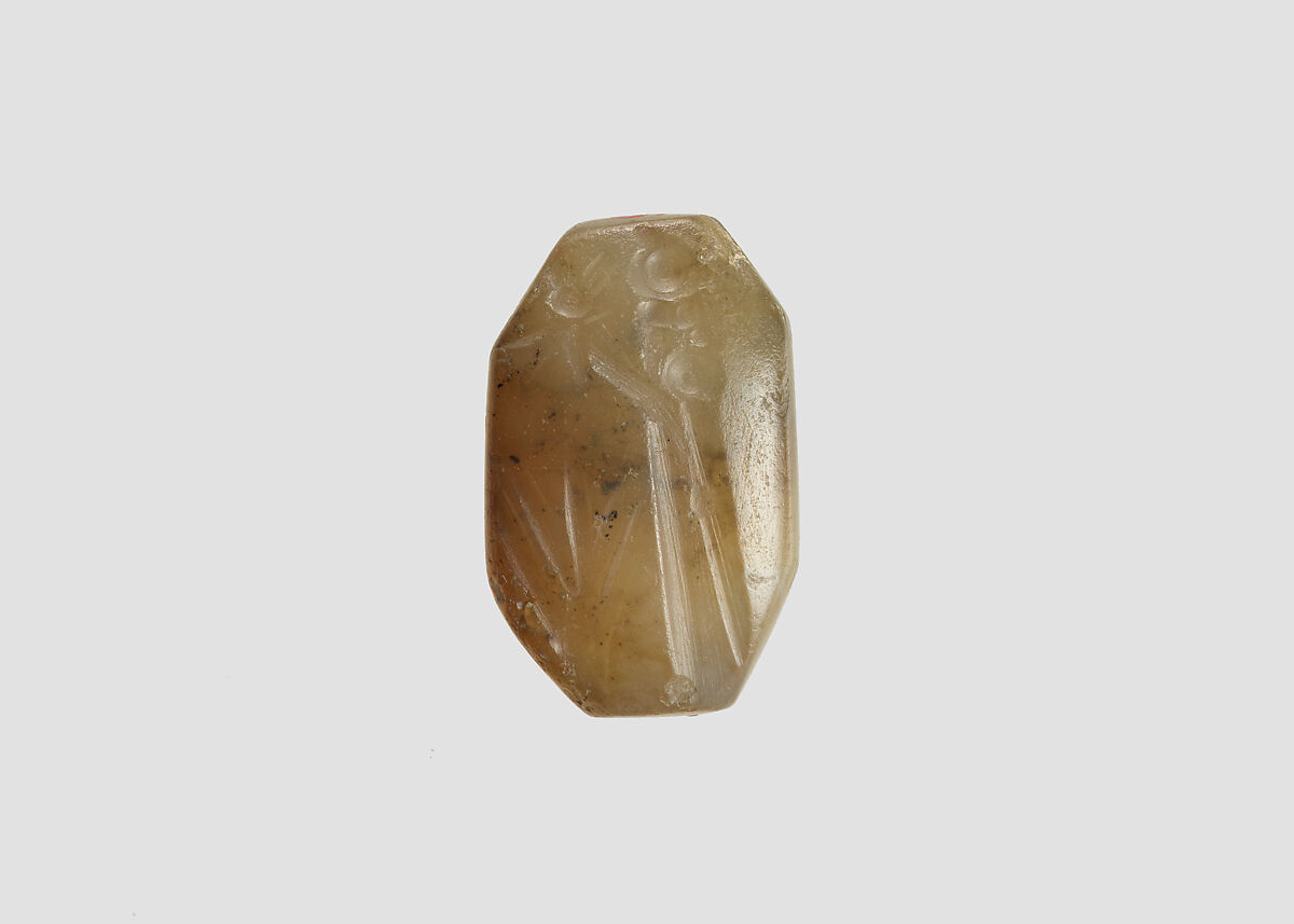 Stamp seal (octagonal pyramid) with cultic scene, Veined and flawed neutral Chalcedony (Quartz), Assyro-Babylonian
